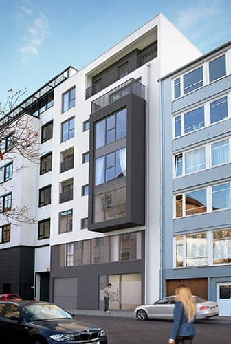 Appartement- und Geschäftshaus in der Flaschenhofstraße in Nürnberg, Visualisierung der Straßenfassade mit Erker