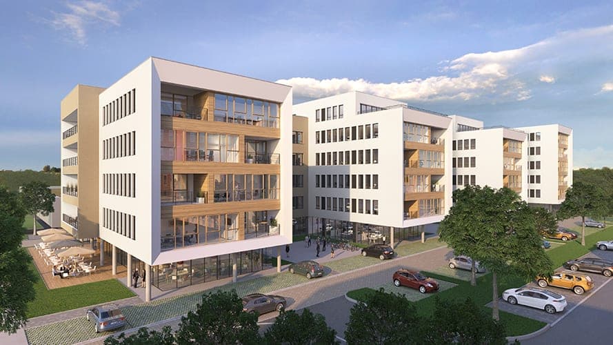 Büropark Schleifweg in Nürnberg, Visualisierung der weißen Bürohäuser mit holzverkleideten Loggien vom Straßenraum