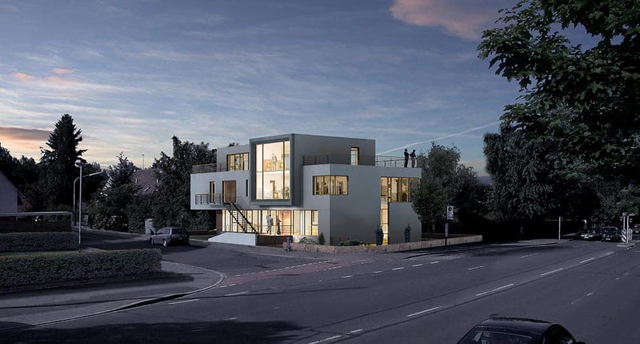 Bürogebäude F-LUMEN³ in Nürnberg, Visualisierung von der Straße in der Abenddämmerung