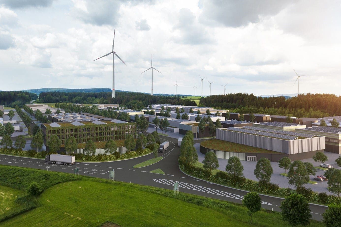 Interkommunaler Gewerbepark in Thiersheim bei Wunsiedel, Visualisierung mit Hallen, begrüntem Bürobau und Windrädern