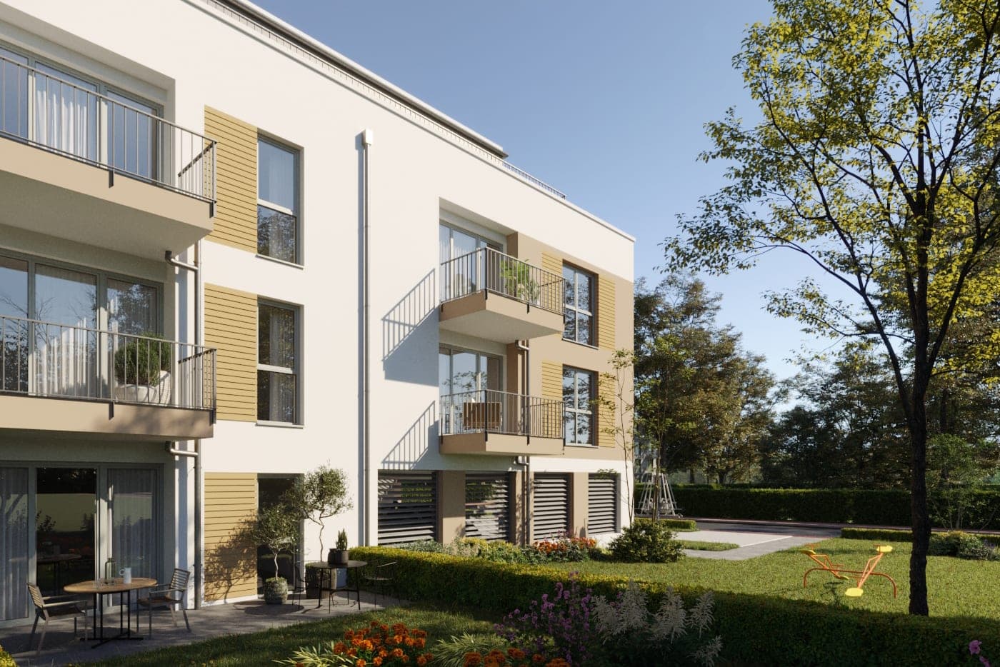 Mehrfamilienhaus Haus 21 in Herzogenaurach, Visualisierung der Gartenseite mit Balkonen und Holzschiebeläden
