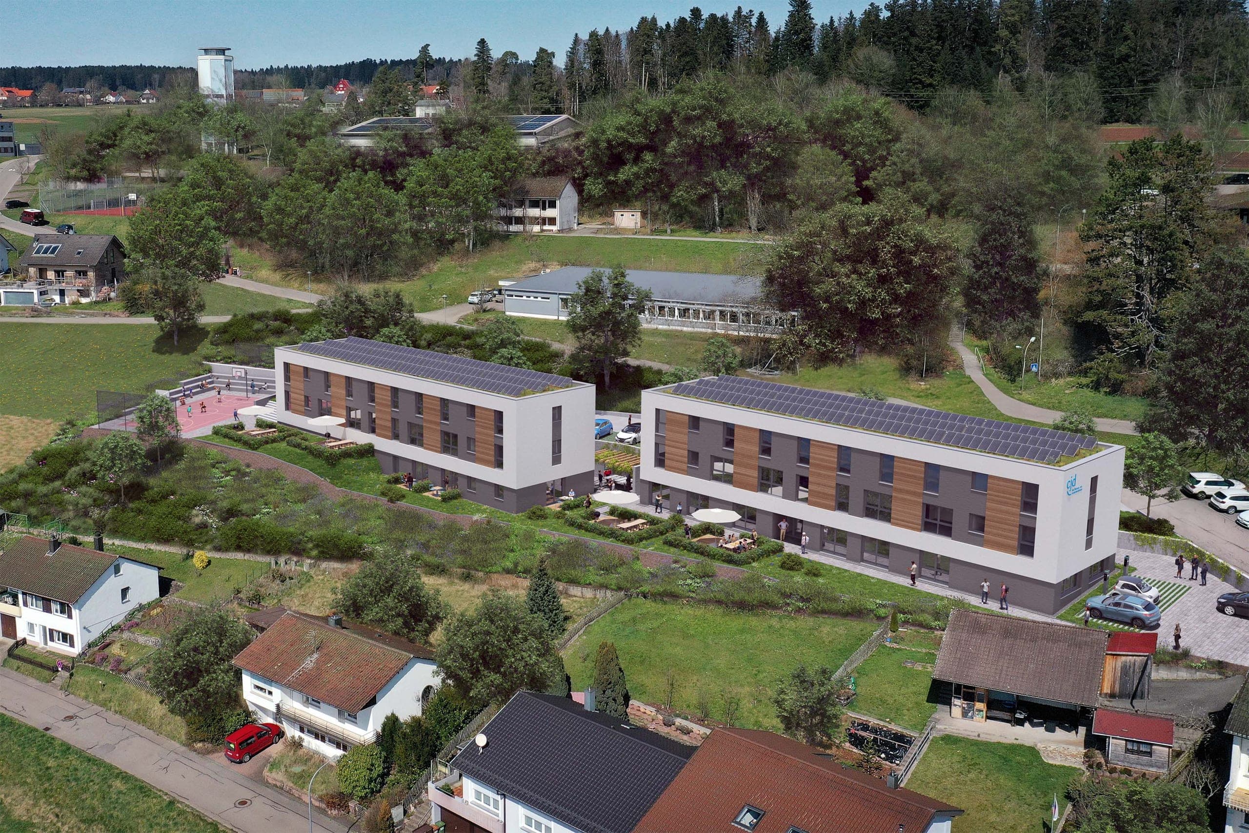 Jugendhilfeeinrichtung CJD in Altensteig, Visualisierung aus der Luft mit zwei Riegeln und Photovoltaik auf dem Dach