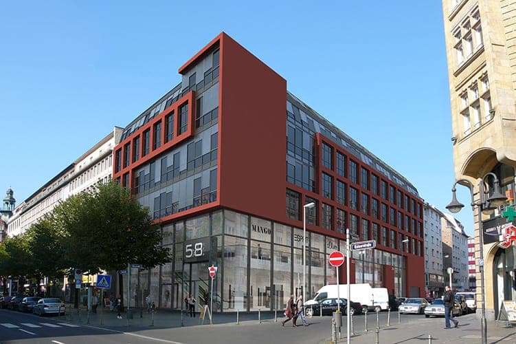 Wohn- und Geschäftshaus K58 in Frankfurt am Main, Visualisierung eines früheren Entwurfs mit roter Fassade an der Ecke