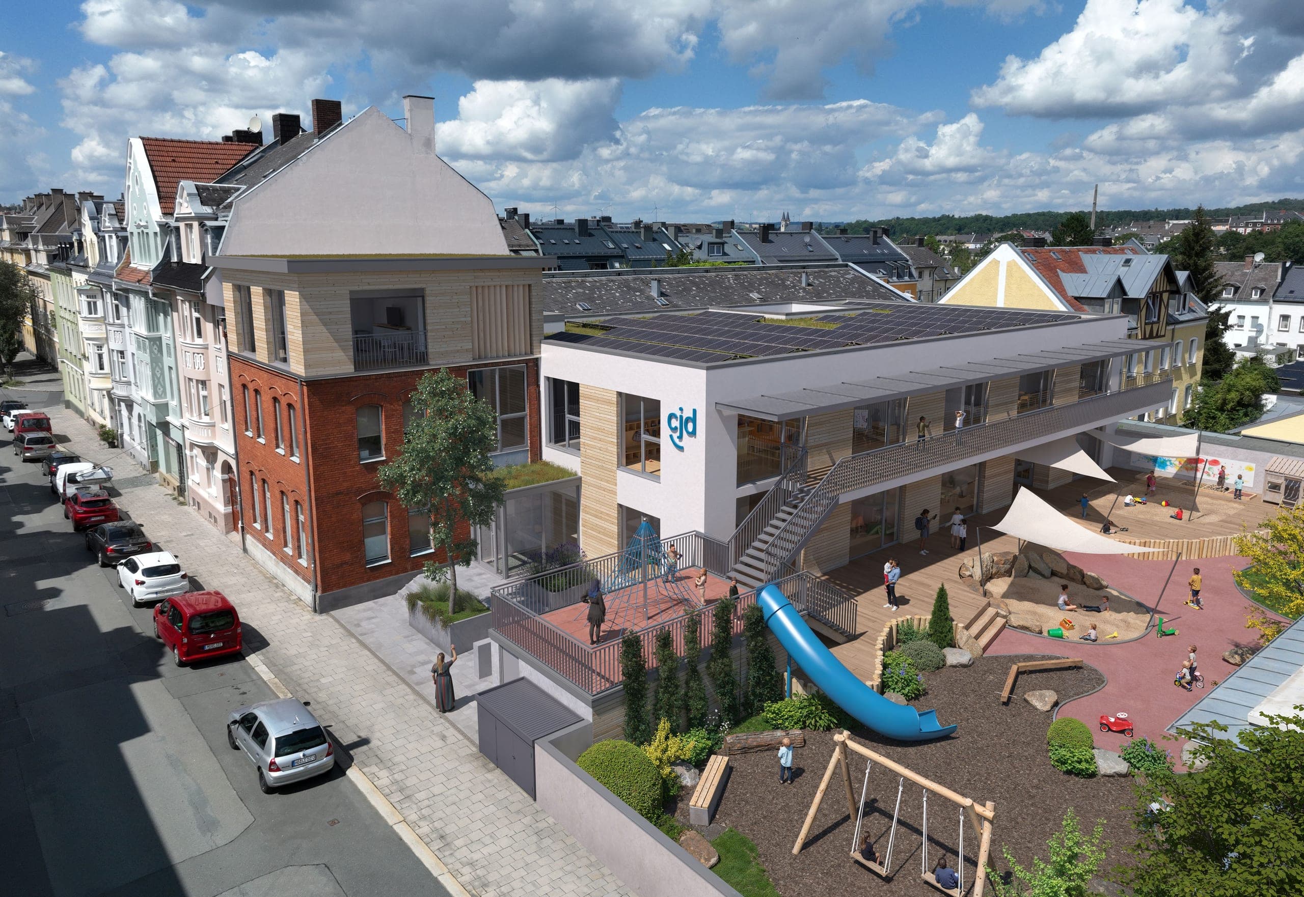 Integrative Kindertagesstätte CJD in Hof, Visualisierung mit Klinker-Altbau, Holzfassade und Spielgarten