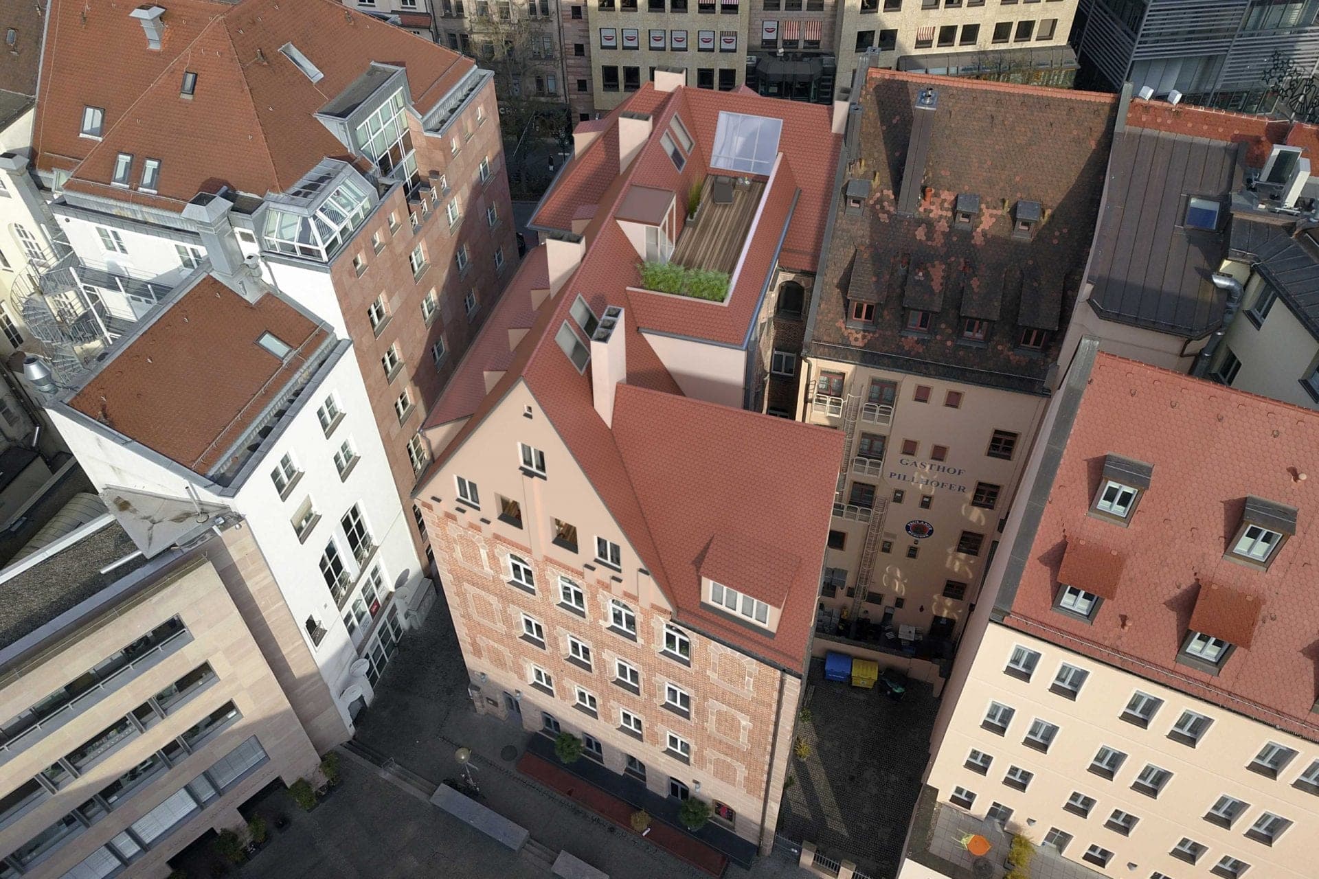 Historisches Wohn- und Geschäftshaus Königstraße in Nürnberg, Luftbild der neuen Dachterrasse