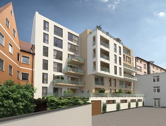 Wohngebäude Loftwohnen Steinstraße in Nürnberg, Visualisierung mit verglasten Balkonen neben dem Nachbaraltbau