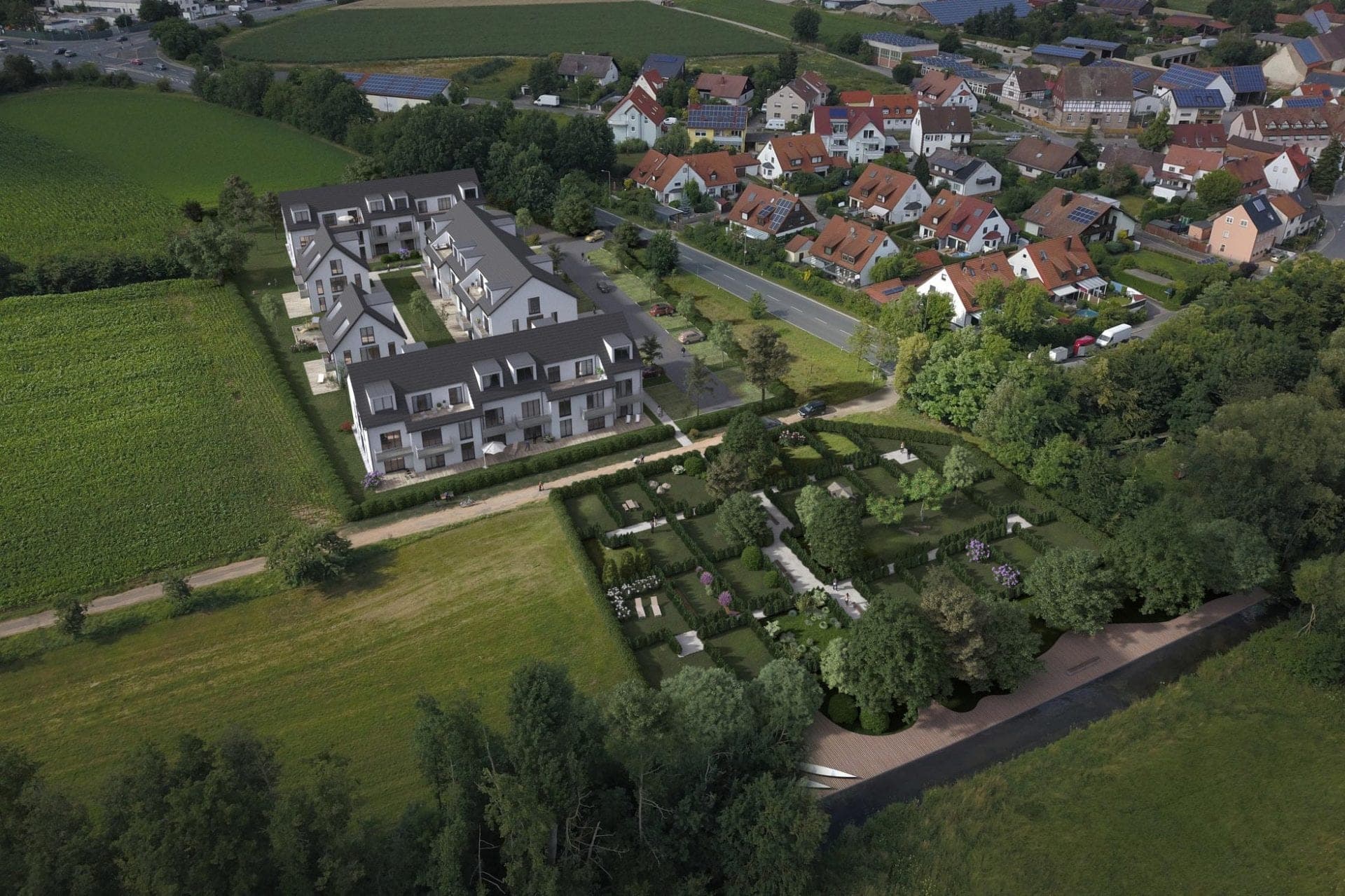 Wohnanlage in Fürth, Luftbildvisualisierung der Häuser mit Satteldächern und angrenzenden Kleingärten