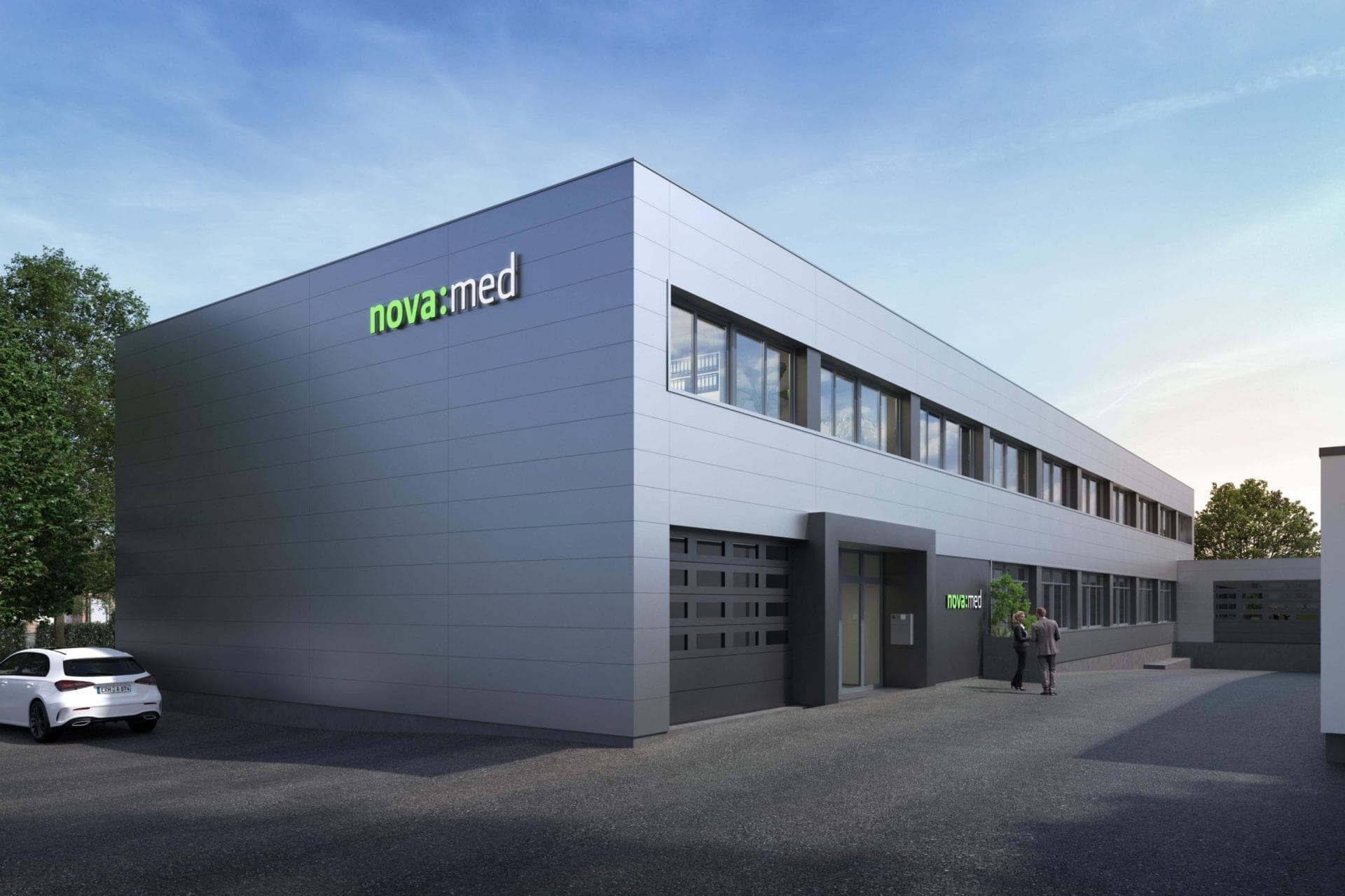 Büro- und Lagergebäude nova:med in Höchstadt a.d. Aisch, Visualisierung der Eingangsseite mit zweifarbiger Fassade
