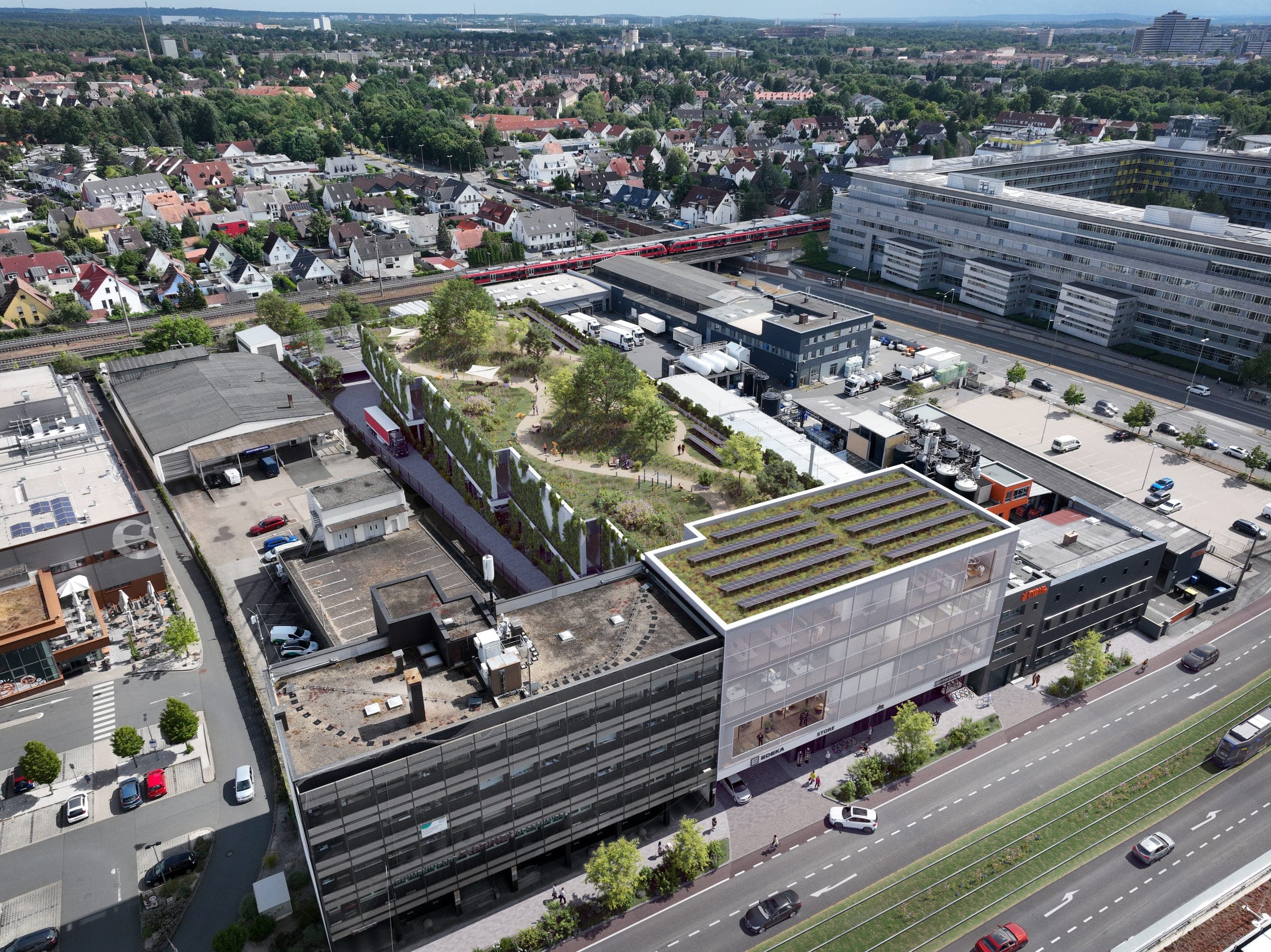 Büro- und Geschäftshaus OST130 in Nürnberg, Luftbild-Visualisierung des Kopfbaus an der Ostendstraße