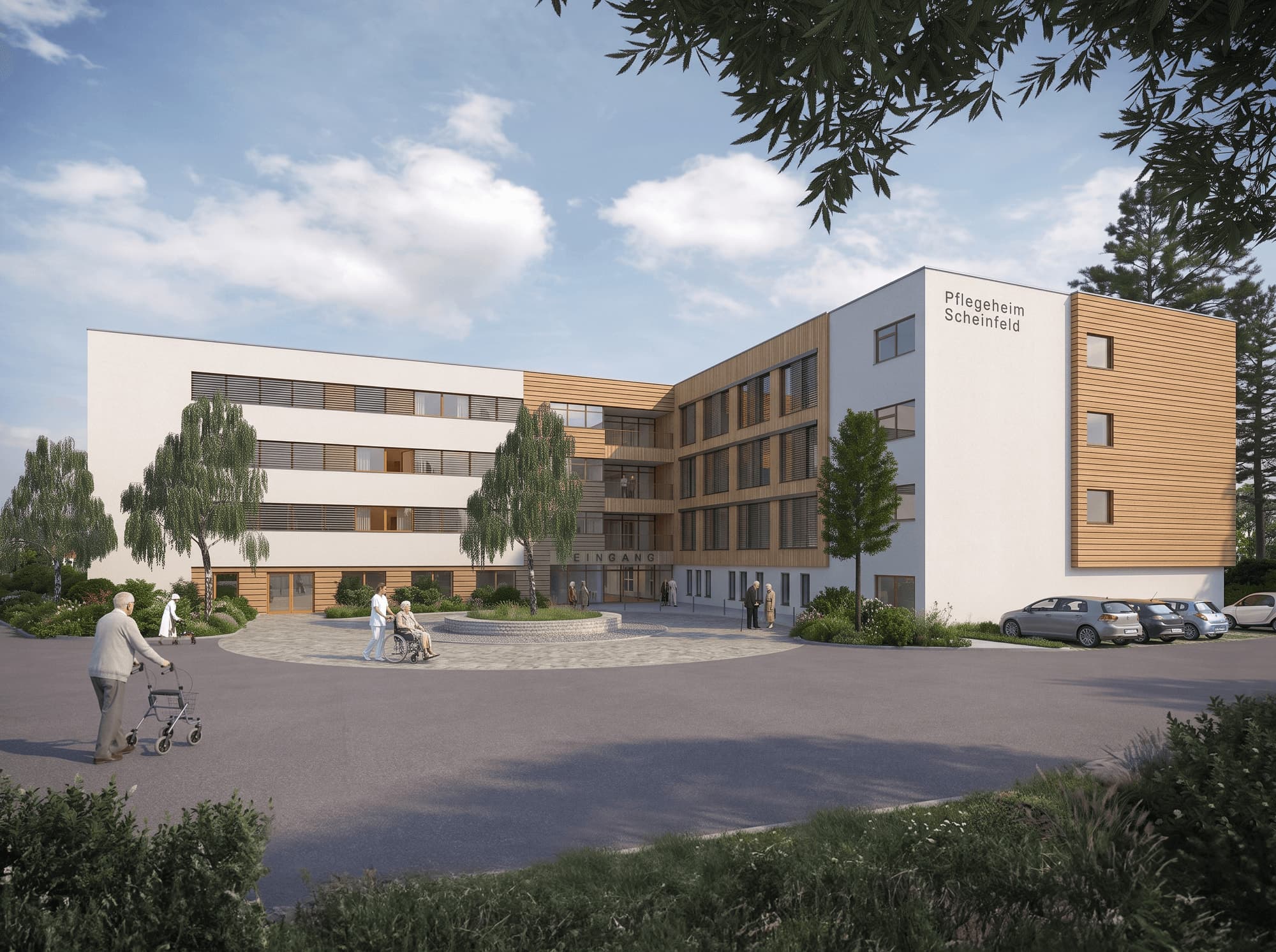 Pflegeheim Scheinfeld, Visualisierung des Haupteingangs mit rundem Vorplatz und Fassade aus Putz und Holz