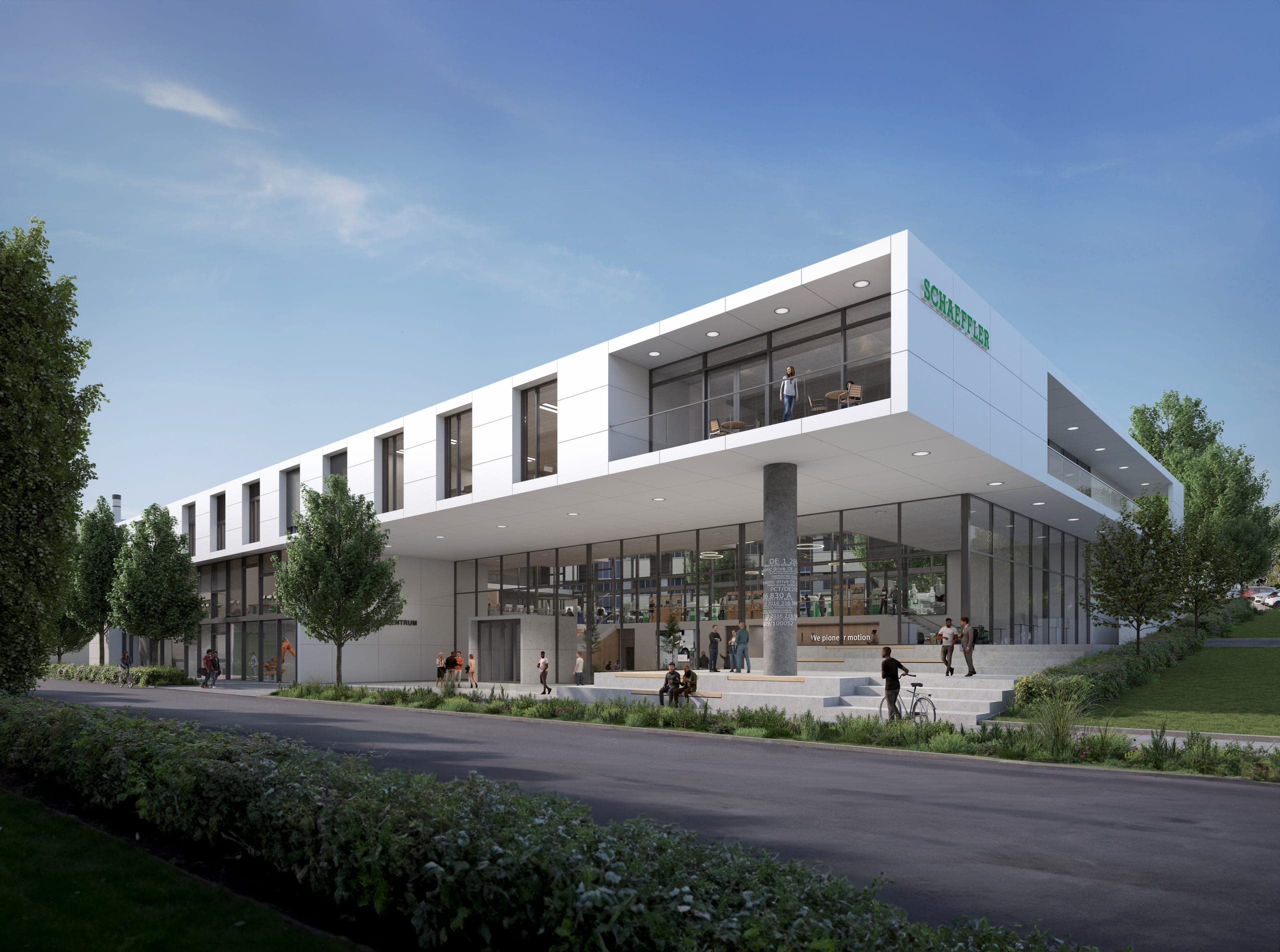 Ausbildungszentrum Schaeffler in Herzogenaurach, Visualisierung der Eingangsfassade mit auskragendem Obergeschoss