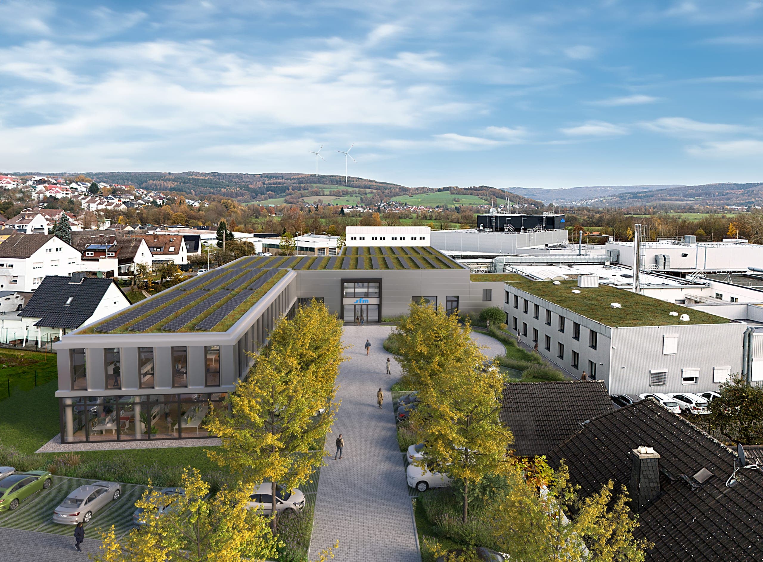 Büro- und Empfangsgebäude SFM Medical Devices in Wächtersbach bei Frankfurt, Visualisierung aus der Vogelperspektive