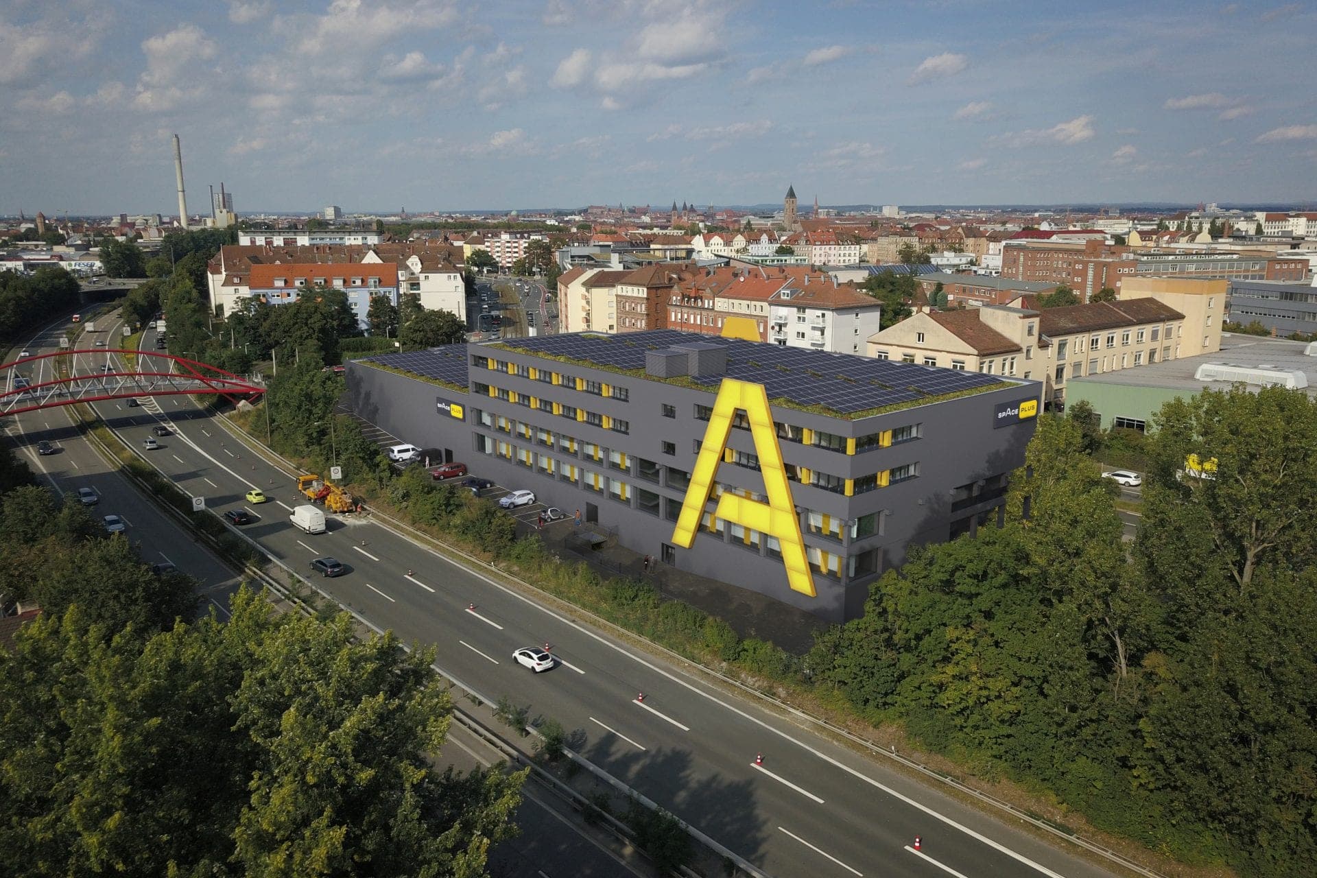 Self Storage und Co-Working Space Plus in Nürnberg, Visualisierung des umgebauten Möbelhauses aus der Luft