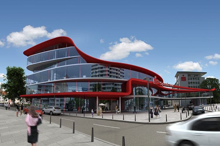 Neubau Sparkasse Neu-Ulm, Wettbewerbsvisualisierung mit geschwungenem rotem Dachband und verglaster Fassade