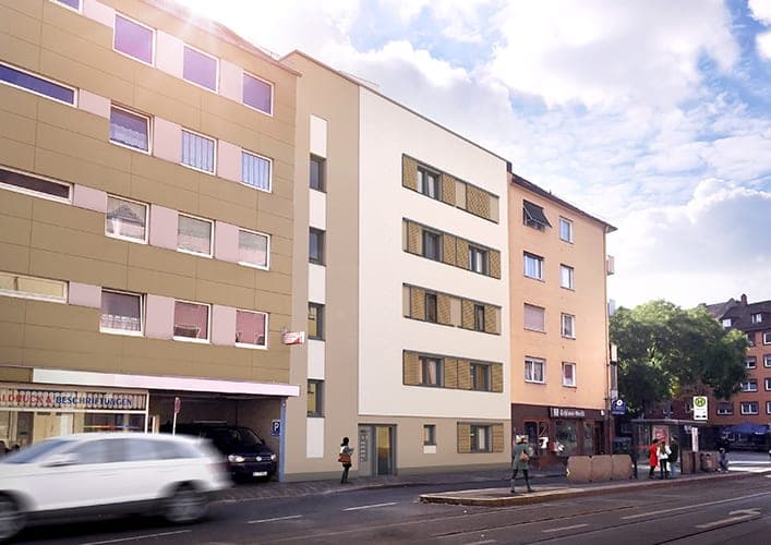 Studentenwohnheim Landgrabenstraße in Nürnberg, Visualisierung der Straßenfassade in der geschlossenen Baulücke