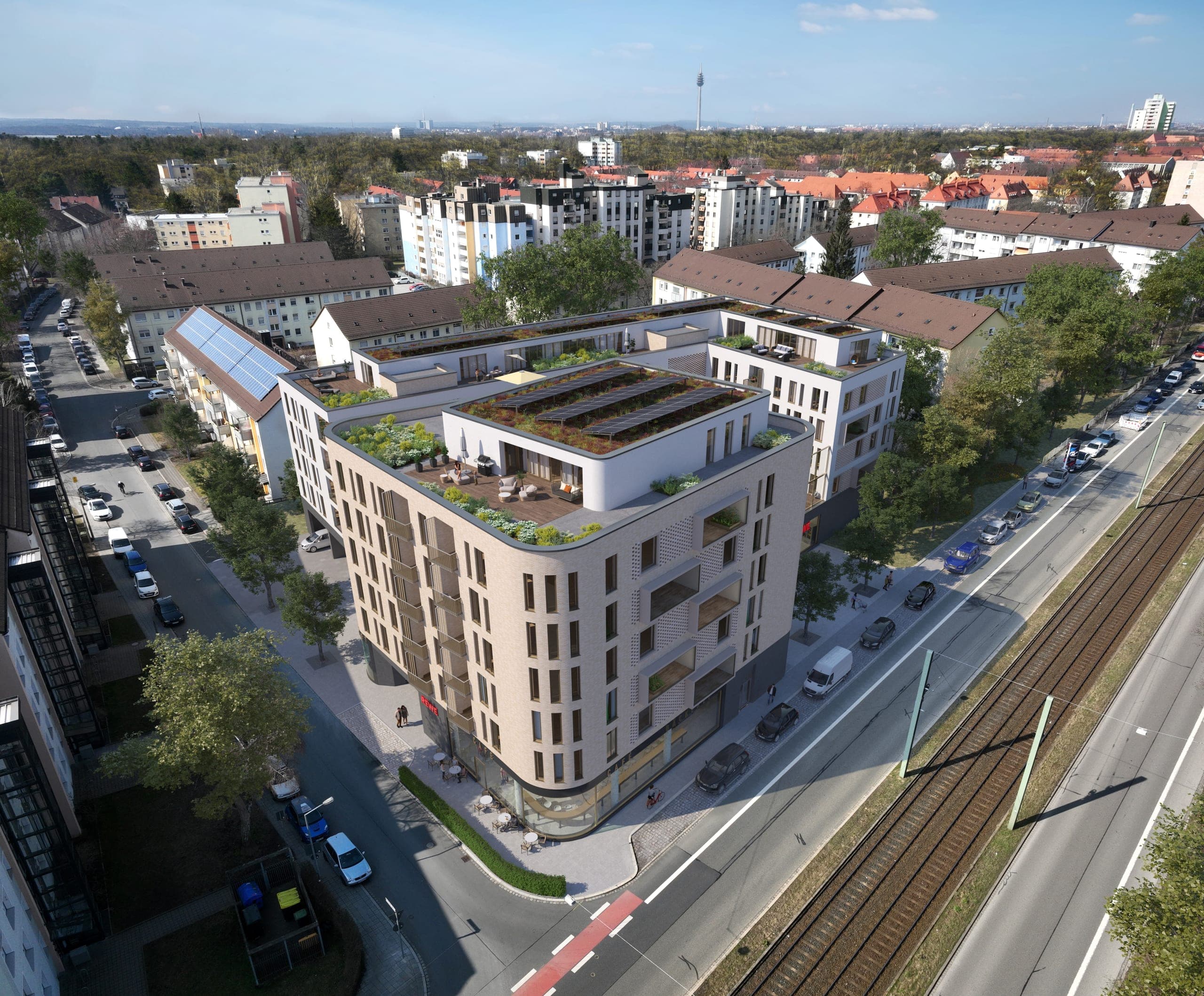 Wohn- und Geschäftshaus der Wohnungsgenossenschaft Sigmund Schuckert in Nürnberg, Visualisierung aus der Luft