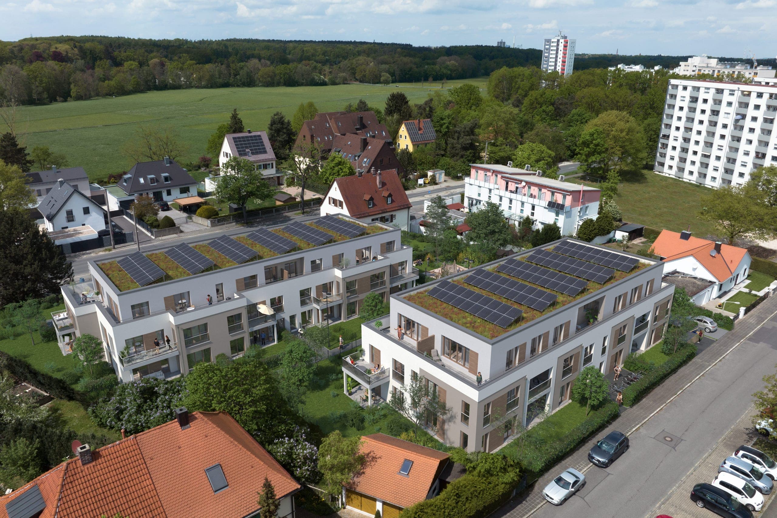 Wohnanlage Reichelsdorf in Nürnberg, Visualisierung aus der Luft mit zwei Baukörpern, Gründächern und Photovoltaik