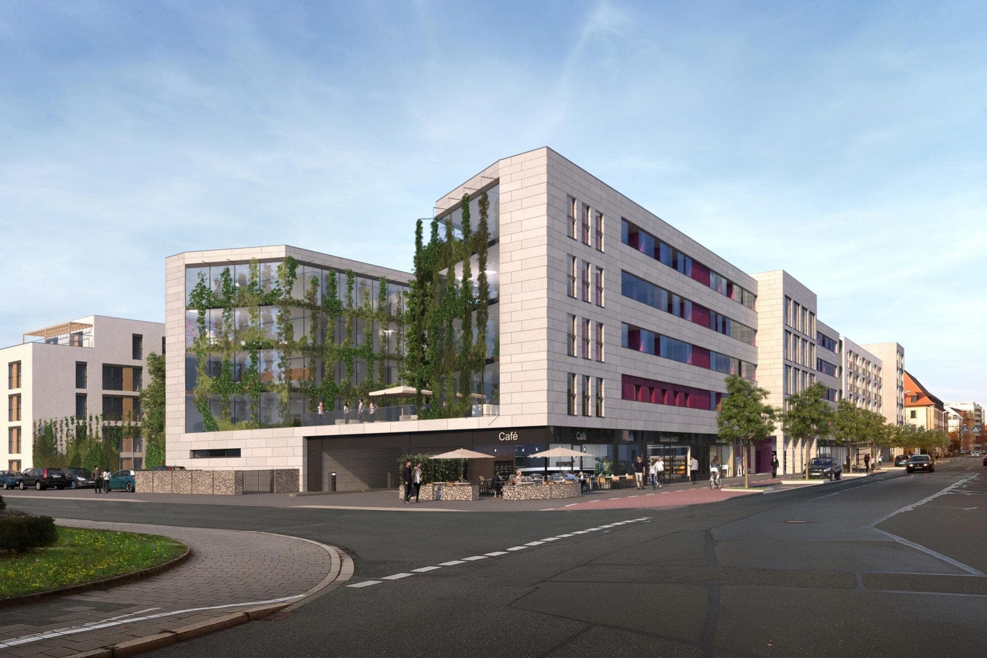Wohnanlage Sieboldstraße in Erlangen, Visualisierung der Straßenecke mit begrünter Glasfassade und Café